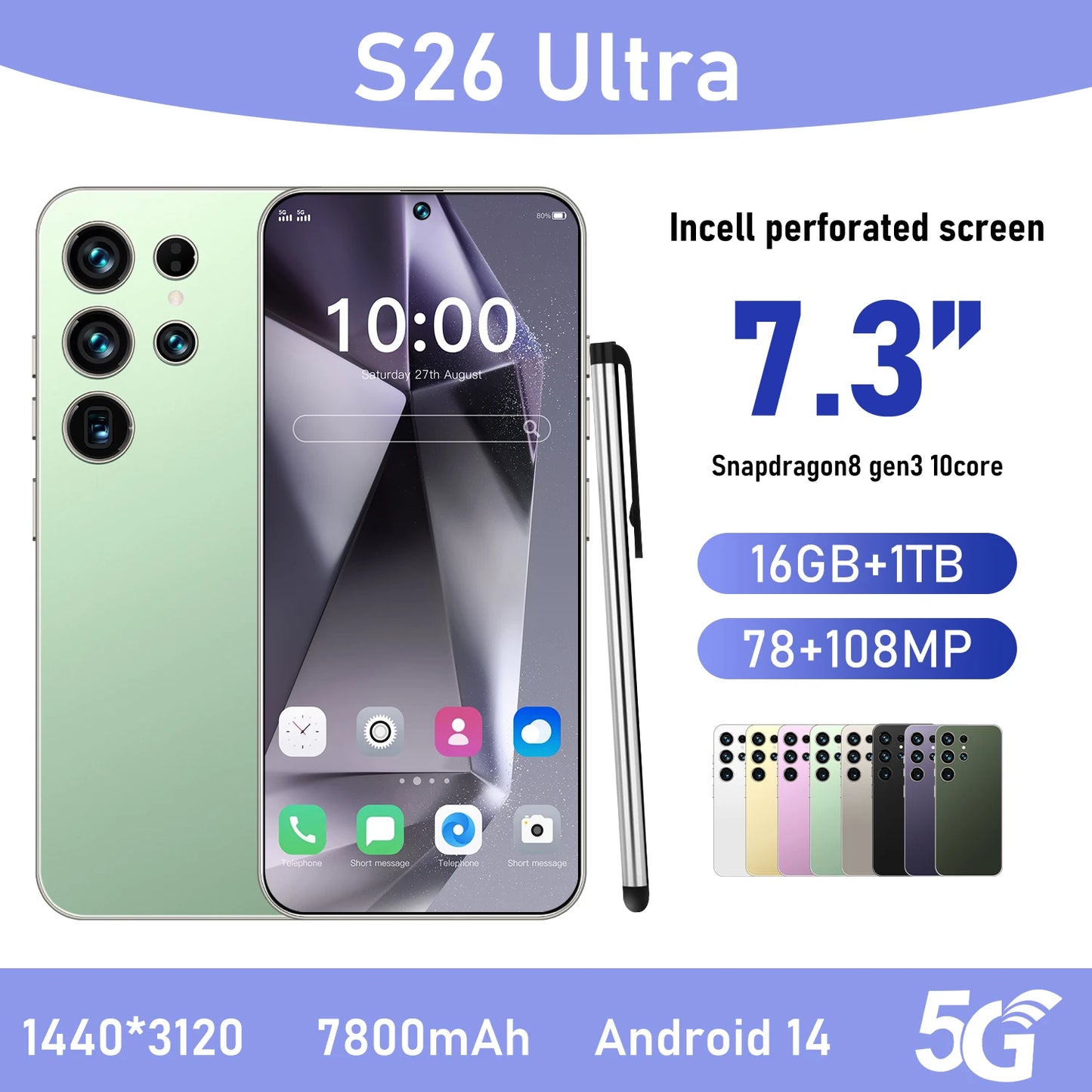 Hot S26 Ultra 5G Smartphone - Snapdragon8gen3 16GB+1TB 7800mAh Face + Fingerprint