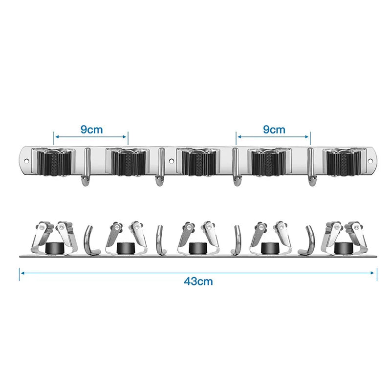 Hot Sale Stainless Steel Self Adhesive Wall Mounted Mop and Broom Holder Clip Brush Rack Cleaning Tools