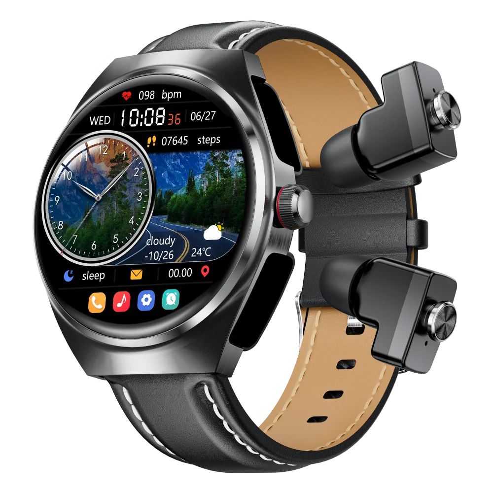 2025 New Best Smart Watch Leather Band with Earbuds 2 in 1 Headphones and Smartwatch Fitness Tracker with Heart Rate Monitor