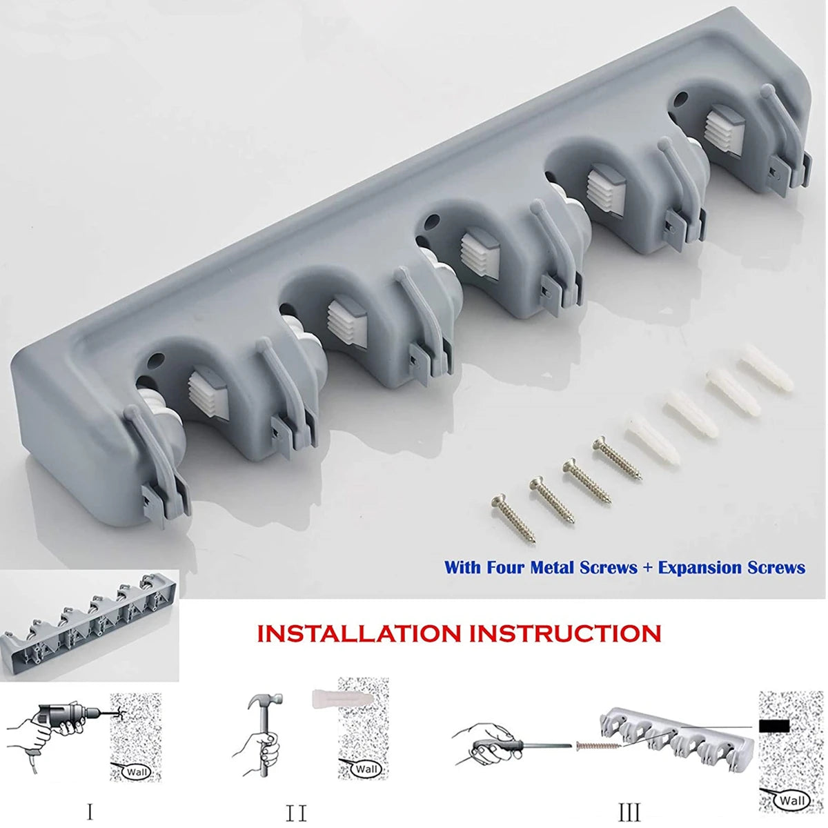 5 Position Wall Mounted Tool Organizer 6 Hooks Broom Mop Holder Tidy Organizer for Kitchen Living Room Garage & Bathroom