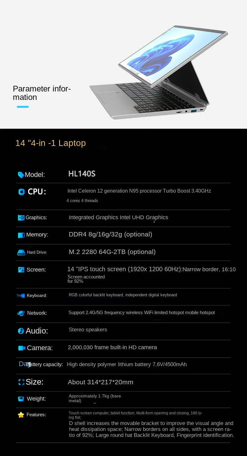 Factory Direct 14-Inch IPS Touch Screen 2-in-1 PC Tablet Light Portable Intel SSD Home Laptop New Cross-Border Wholesale English