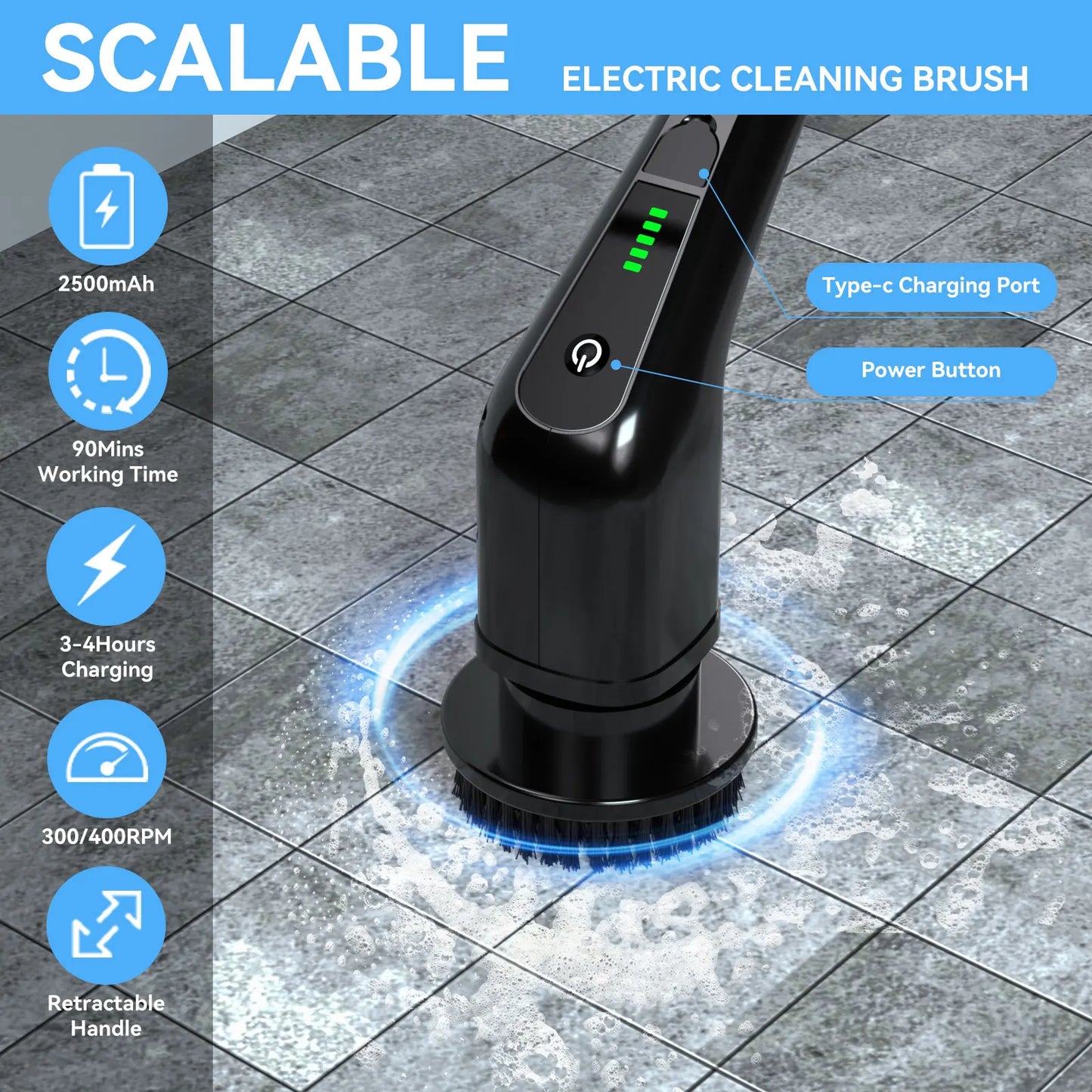 Electric Spin Scrubber, Electric Cleaning Brush for Bathroom 8 in 1 Replacement Brush Heads and Extension Handle