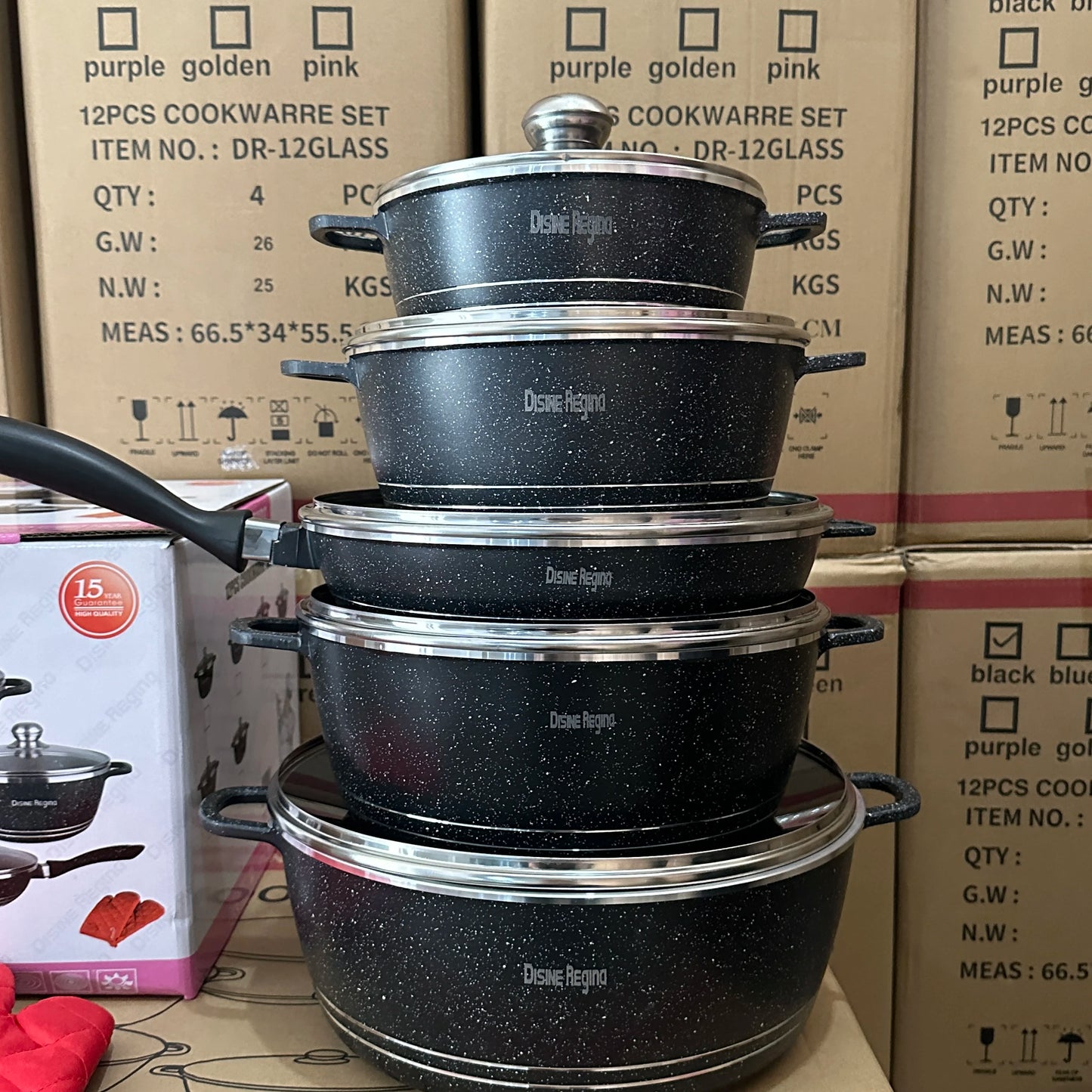 Hot Sale 12pcs Die Casting Aluminum Nonstick Cookware Set Marble Coating Casserole Cooking Pots Kitchen Home Use Custom Logo
