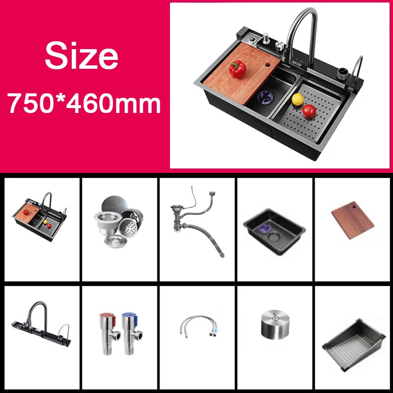 Gold SUS Smart Kitchen Sink Nano Stainless Steel Hand Made Kitchen Sink Waterfall Kitchen Sink With Digital Display