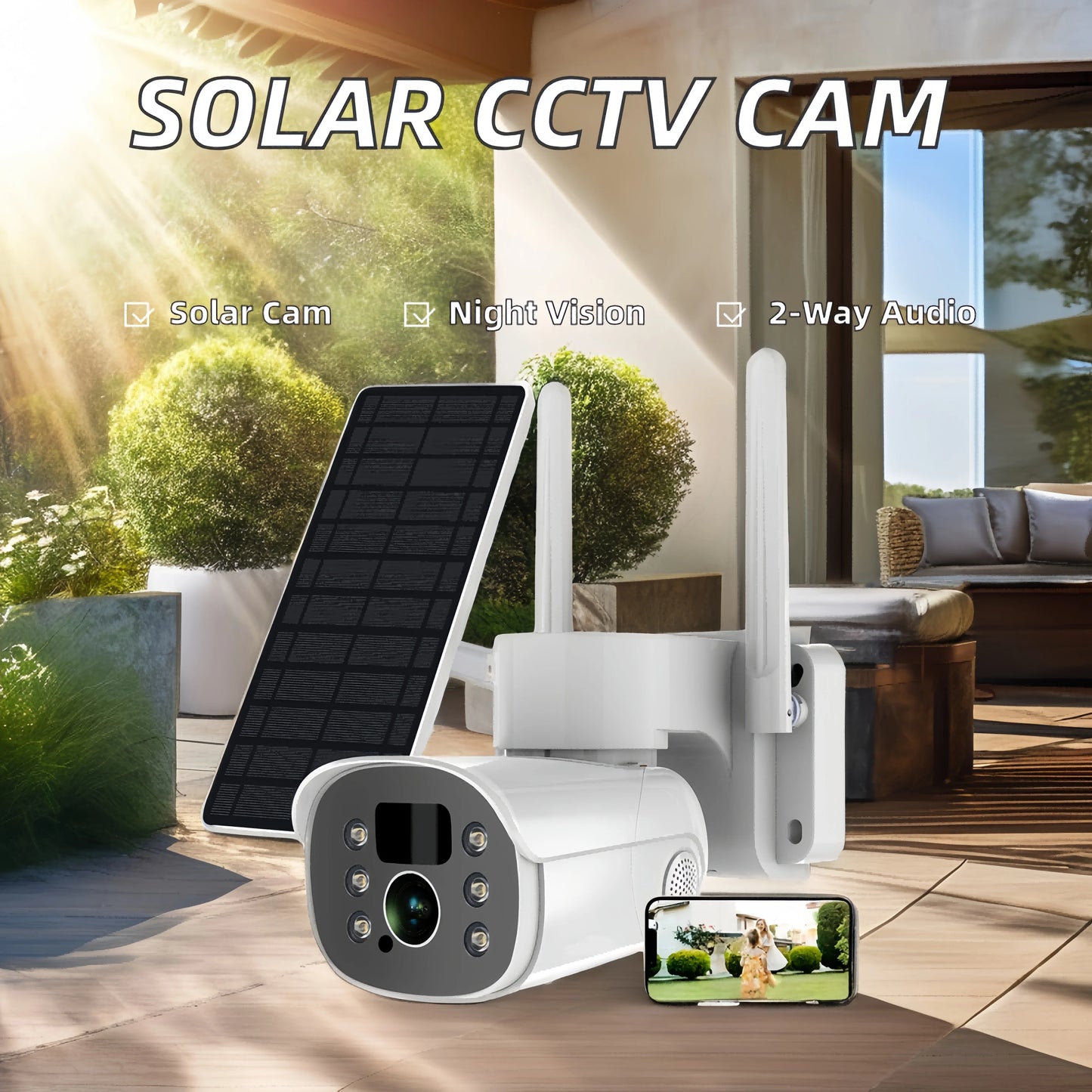 Outdoor Solar-Powered Wireless WIFI CCTV Network Camera Full Color Night Vision CMOS Sensor Low Power Battery Built-in Mic Cloud