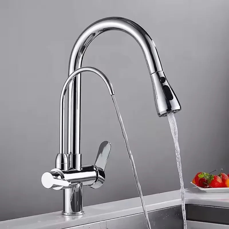 Modern Design Three-Way Mixer Kitchen Faucet with Pull Out Sprayer Water Purification Sink Faucet Featuring Brass Ceramic Filter