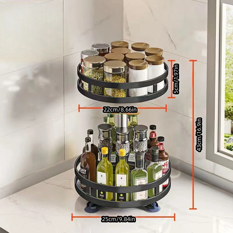 2/3 Tiers Carbon Steel Kitchen Revolving Tray Organizer 360° Rotating Turntable Spice Rack Multifunctional Home Storage Cabinet