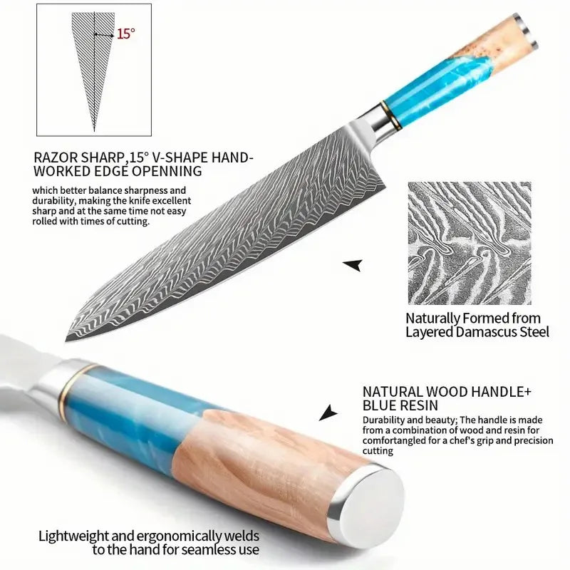 Damascus Chef Knife Blue Resin Wood Handle Damascus Kitchen Slicer Meat Vegetable Cleaver Slicing Knife