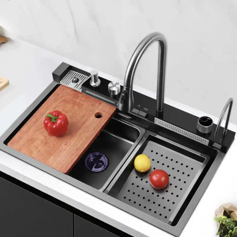 Gold SUS Smart Kitchen Sink Nano Stainless Steel Hand Made Kitchen Sink Waterfall Kitchen Sink With Digital Display