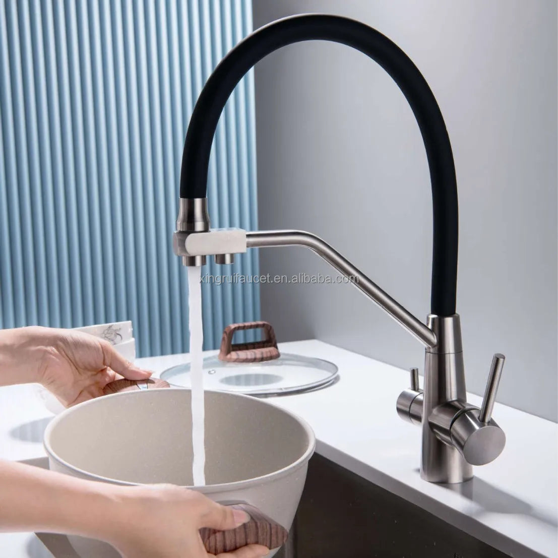 Contemporary Single-Handle Kitchen Faucet with 2-Way Water Filter Brushed Stainless Steel Finish for Hotels and Hospitals