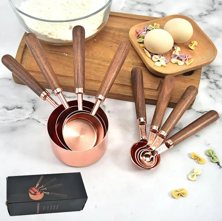 Fast Ship Rose Gold Stainless Steel Walnut Wood Handle Measuring Cups and Spoons Set for Dry and Liquid