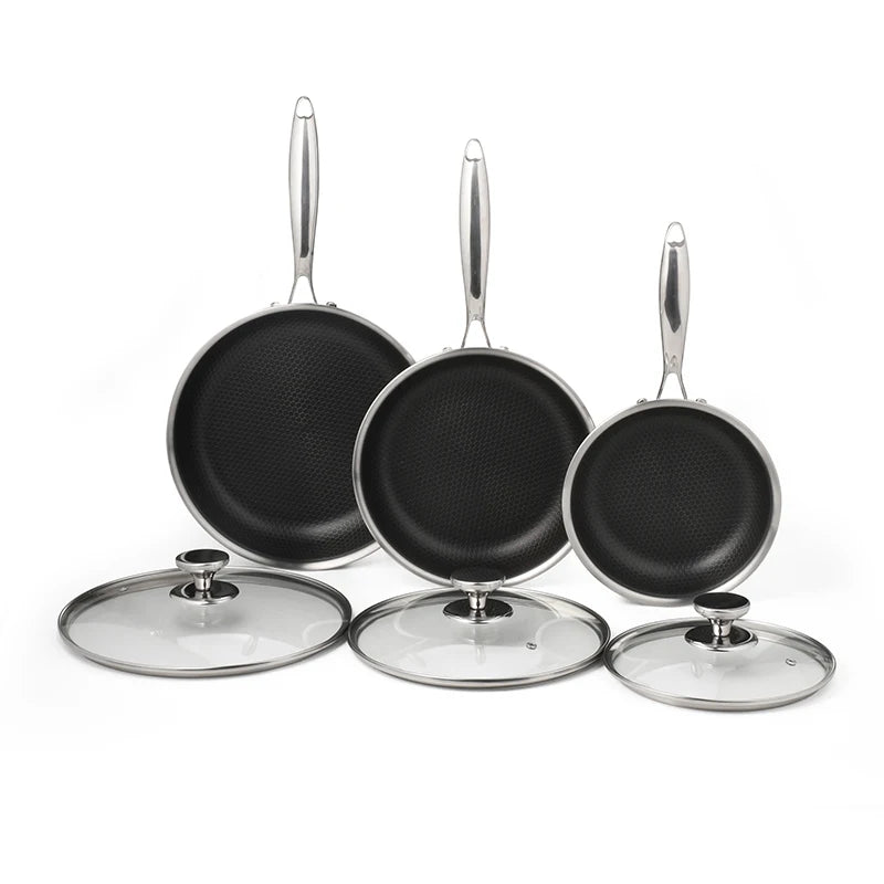 For  Hybrid 3-Pc Stainless Steel Cookware Set 3-Ply Honeycomb Non-Stick Kitchenware with Lids for Home Cooking
