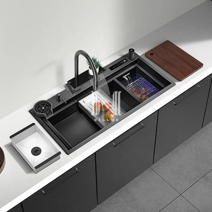 TD Digital Disinfection 3in1 Smart Kitchen Sink - Big Size Stepped Design for Fruit/Vegetable/Seafood, Black Nano,Luxury Kitchen
