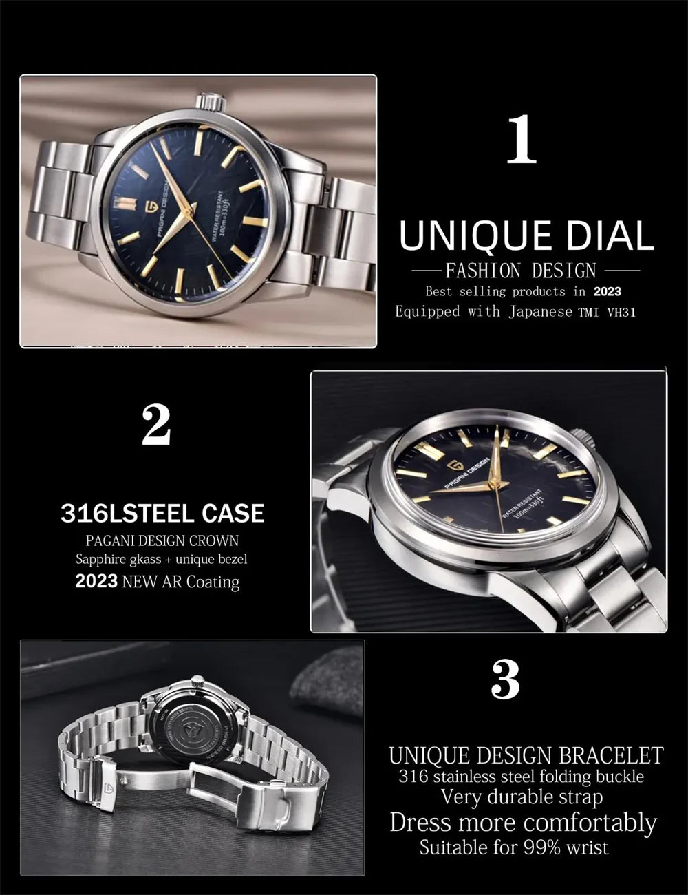 PAGANI DESIGN 40MM Meteorite dial Men Quartz Watches Luxury Business Sapphire 316L Stainless Steel 100M Waterproof Watch For Men