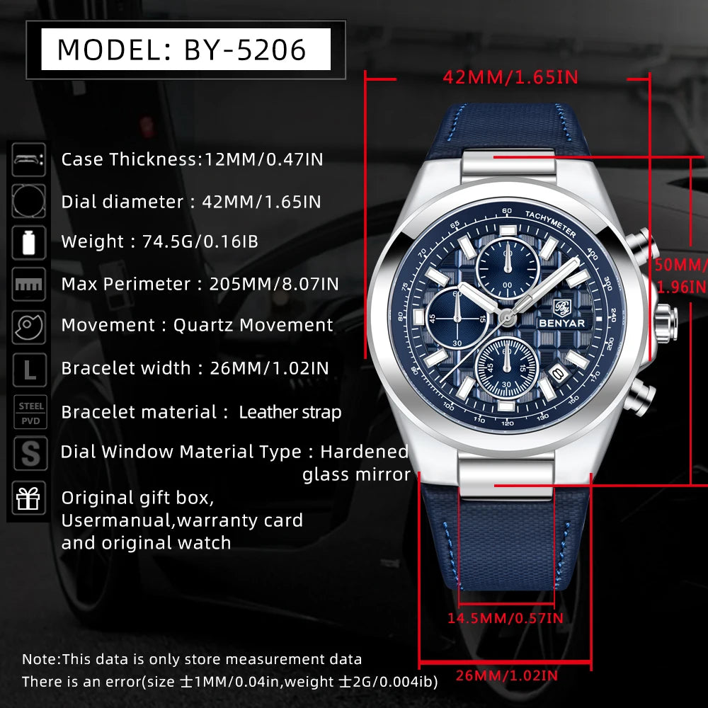 2025 New BENYAR Men's Watches Top Brand Luxury Watch For Men Chronograph Quartz Wristwatch Clock Waterproof Leather Reloj Hombre
