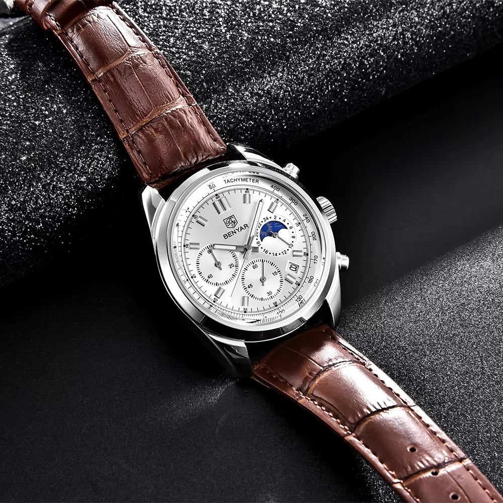 BENYAR New Men Watch 30ATM Waterproof Stainless Steel Quartz Wristwatches Luxury Leather Military Chronograph Watch reloj hombre