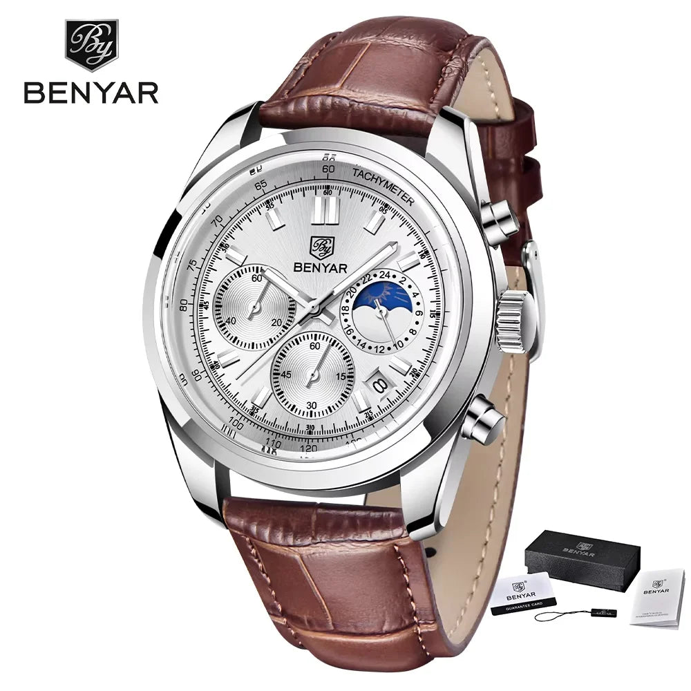BENYAR New Men Watch 30ATM Waterproof Stainless Steel Quartz Wristwatches Luxury Leather Military Chronograph Watch reloj hombre