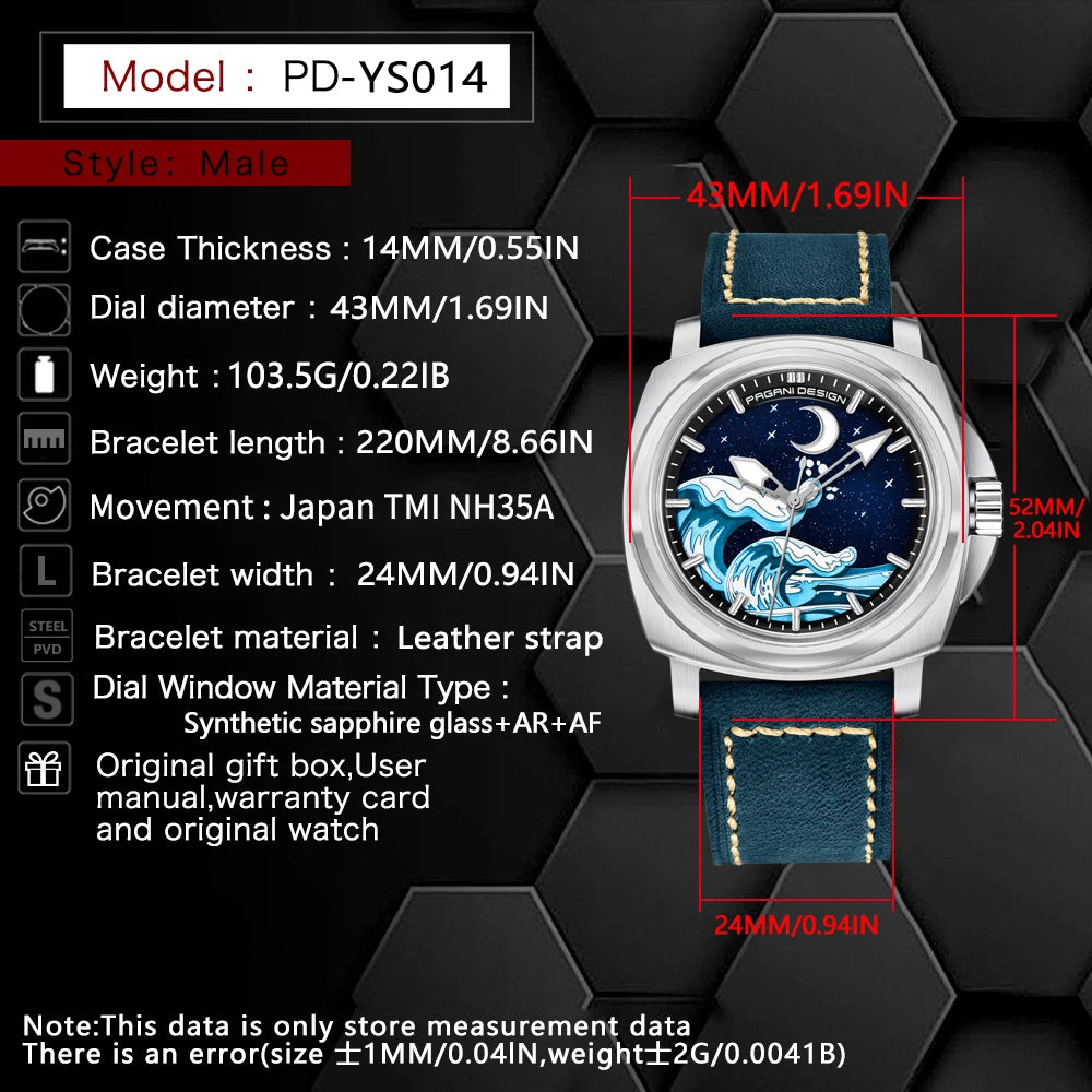 Pagani Design 2025 New NH35A 43MM Fashionable Men's Automatic Mechanical Watch Stainless Steel Waterproof 10Bar dial Glow reloj