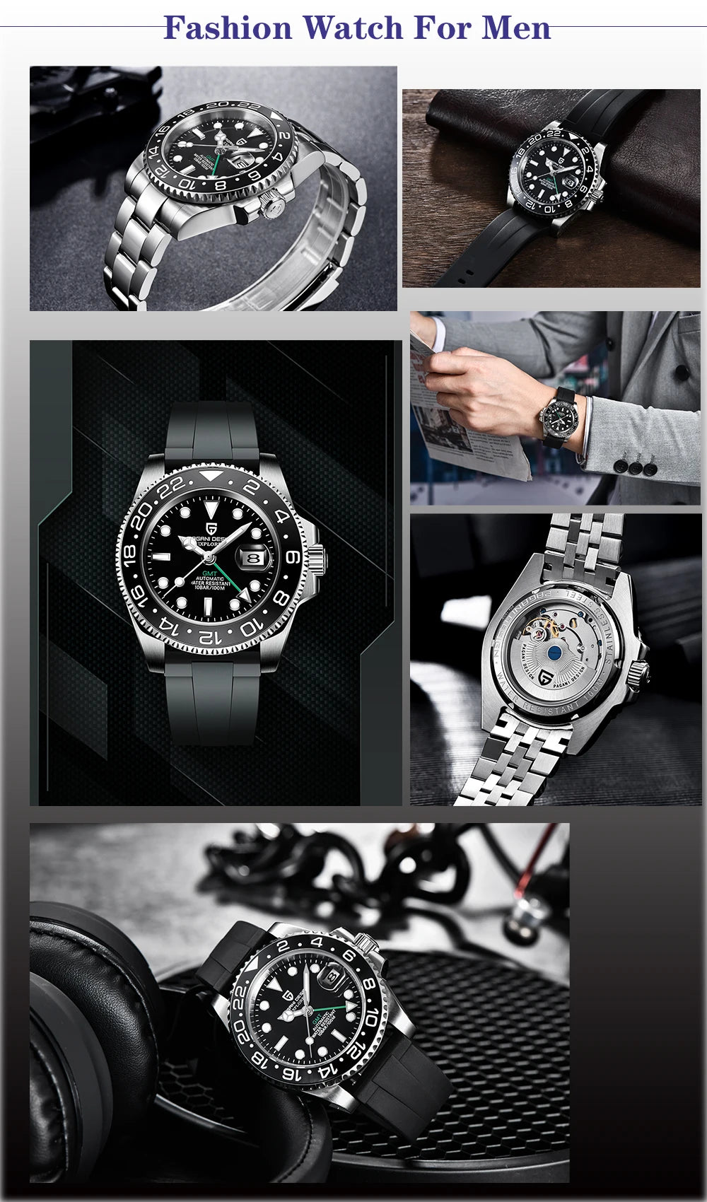 PAGANI DESIGN New GMT Men's Watch Luxury Sapphire Automatic Mechanical Watch 40MM Stainless Steel 100M Waterproof Watch