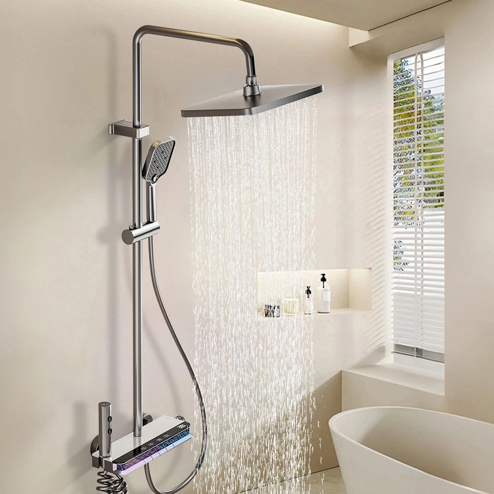 Shower System Bathroom Shower Set Bathtub Hot And Cold Shower Faucet LED Light Digital Display Brass Faucet Piano Key Shower Set