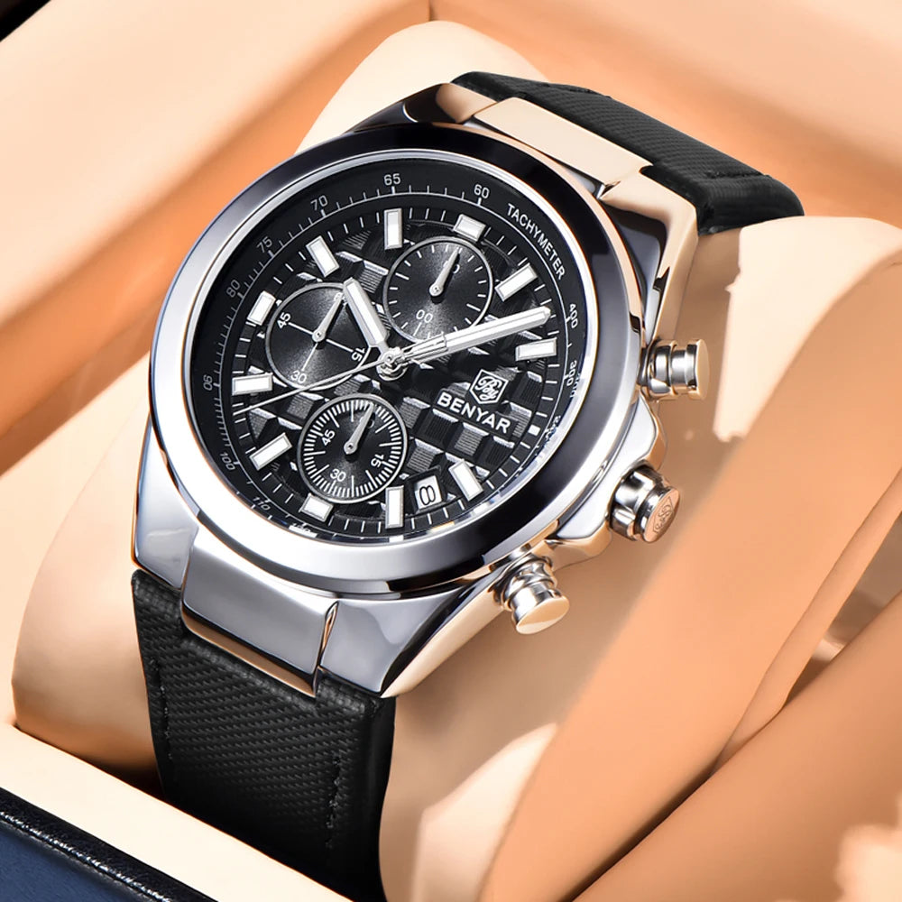 2025 New BENYAR Men's Watches Top Brand Luxury Watch For Men Chronograph Quartz Wristwatch Clock Waterproof Leather Reloj Hombre