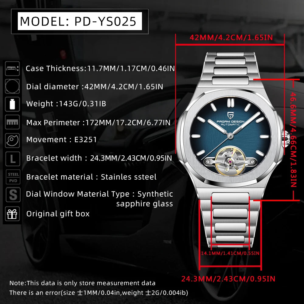 PAGANI DESIGN men's watch new mechanical automatic watch men's luxury stainless steel AR Sapphire crystal luminous men's watch