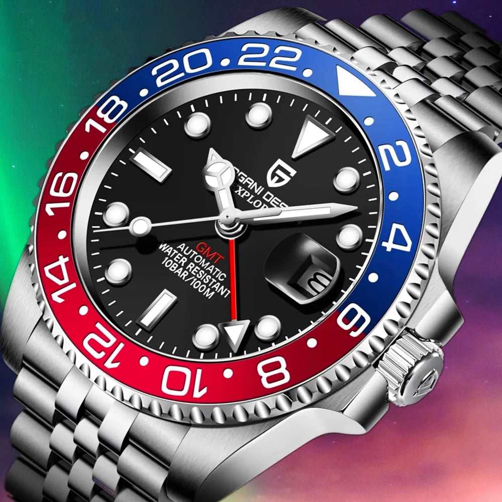 PAGANI DESIGN New GMT Men's Watch Luxury Sapphire Automatic Mechanical Watch 40MM Stainless Steel 100M Waterproof Watch