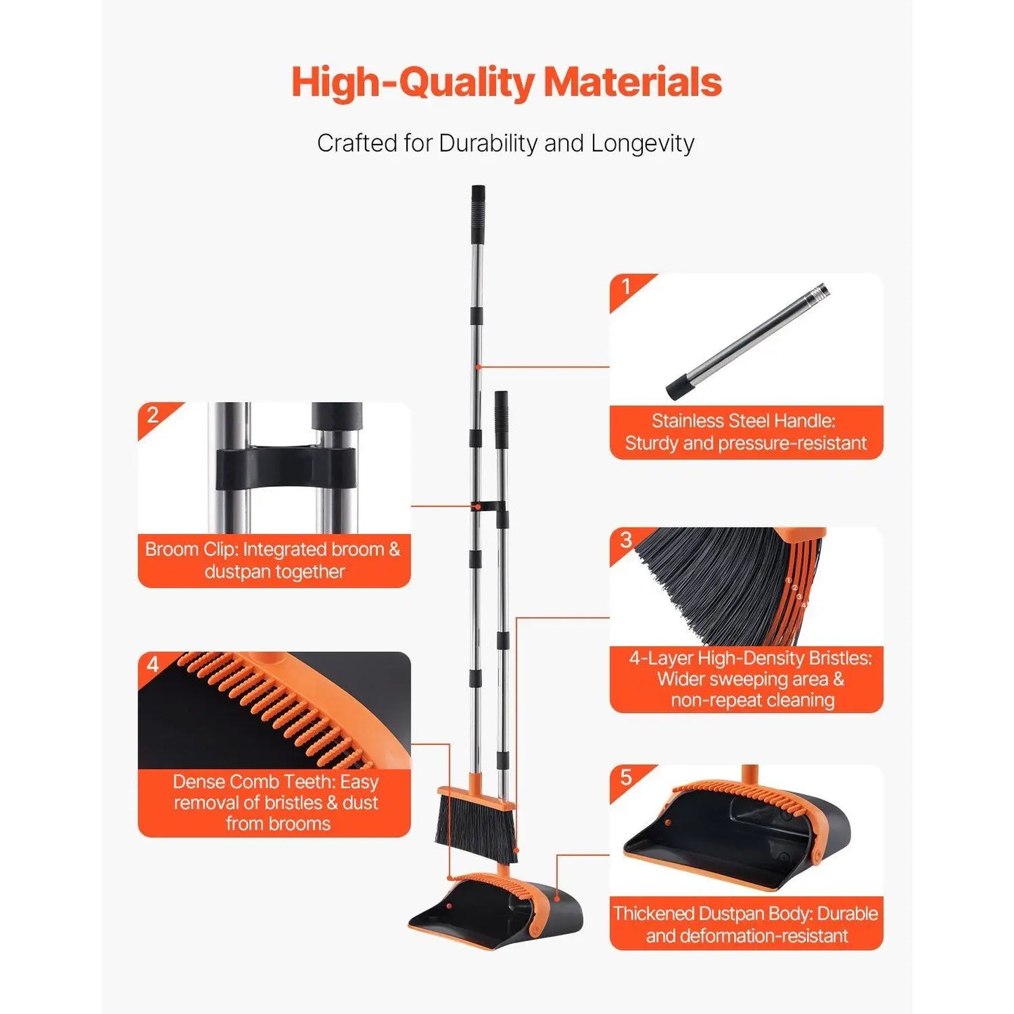 Heavy Duty Black Orange Broom Dustpan Set Self-Cleaning Teeth Upright Metal Dust Pan Long Handle for Home Restaurant Office Dorm