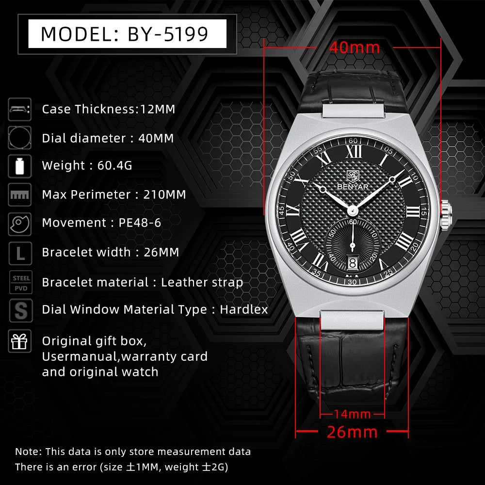 BENYAR Men's Watches Retro Dial Quartz Watch For Men Luxury 40MM Military Leather Original Watches Waterproof Clock Reloj Hombre