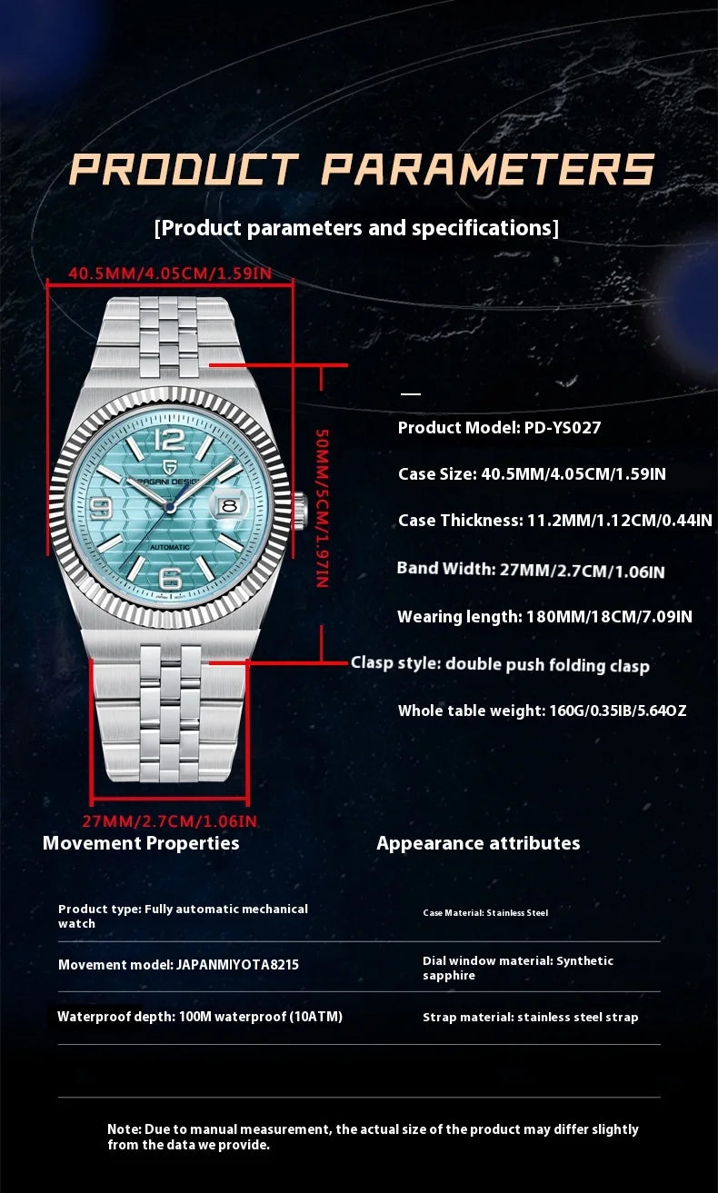 PAGANI DESIGN Men's Watch Fully Automatic Mechanical Stainless Steel Strap Night Light Watch PDYS027
