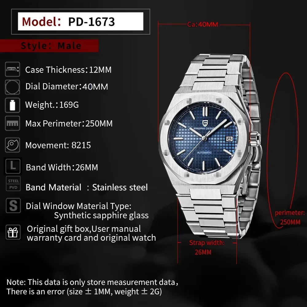 PAGANI DESIGN 2025 New 8215 Men's Automatic Mechanical Watch 40MM Sapphire Stainless Steel Waterproof 10Bar reloj hombre