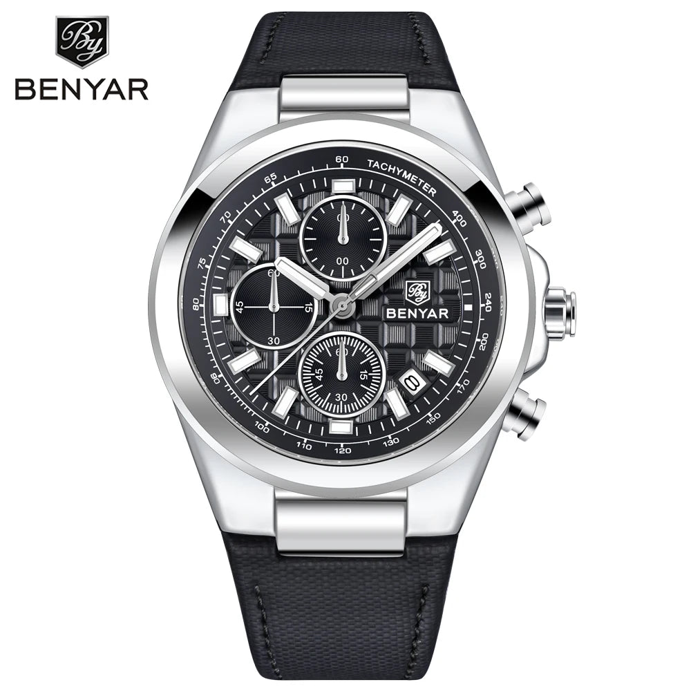 2025 New BENYAR Men's Watches Top Brand Luxury Watch For Men Chronograph Quartz Wristwatch Clock Waterproof Leather Reloj Hombre