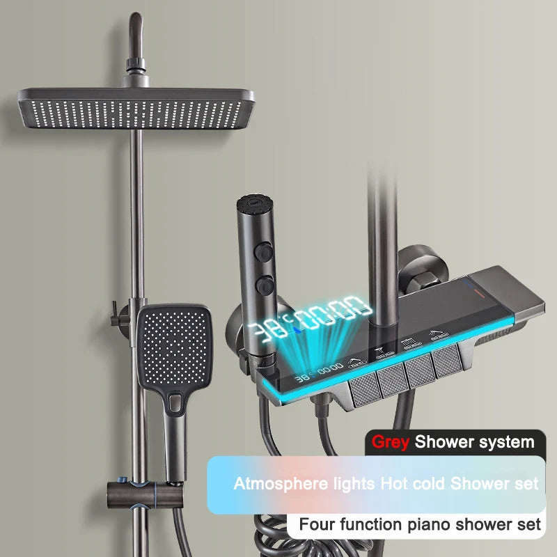 Grey Thermostatic Piano Digital Bathroom Shower Set 12 Inch Rain Shower Head Hot Cold Digital Bathroom Shower Set Accessories