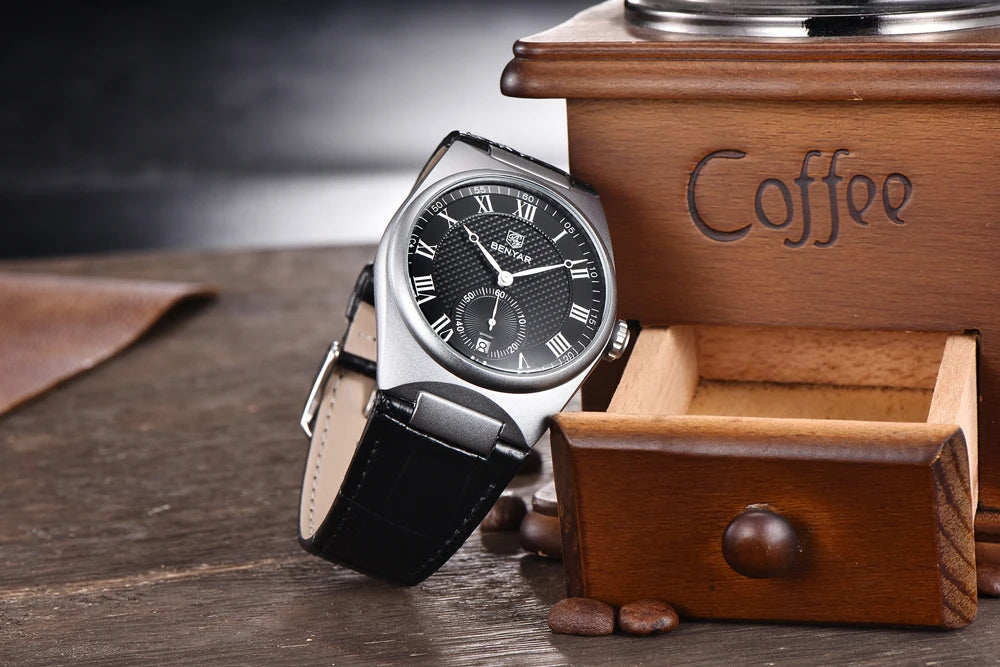 BENYAR Men's Watches Retro Dial Quartz Watch For Men Luxury 40MM Military Leather Original Watches Waterproof Clock Reloj Hombre