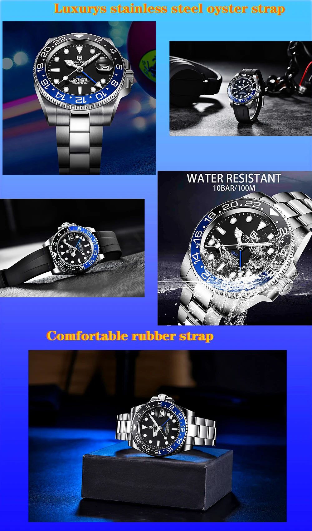 PAGANI DESIGN New GMT Men's Watch Luxury Sapphire Automatic Mechanical Watch 40MM Stainless Steel 100M Waterproof Watch