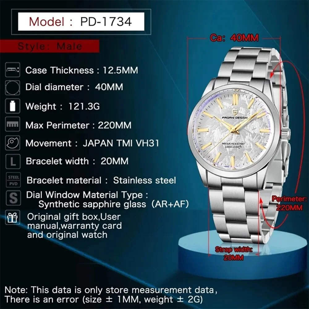PAGANI DESIGN 40MM Meteorite dial Men Quartz Watches Luxury Business Sapphire 316L Stainless Steel 100M Waterproof Watch For Men