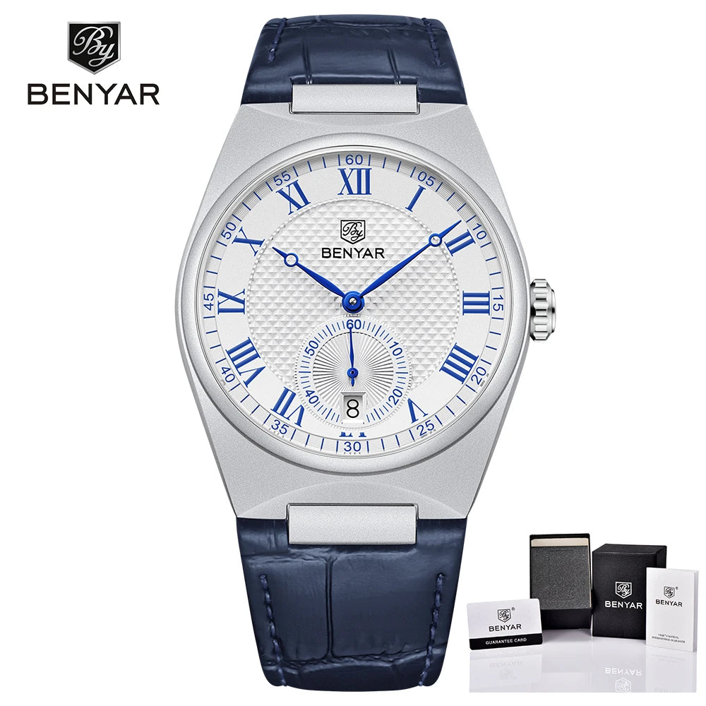BENYAR Men's Watches Retro Dial Quartz Watch For Men Luxury 40MM Military Leather Original Watches Waterproof Clock Reloj Hombre