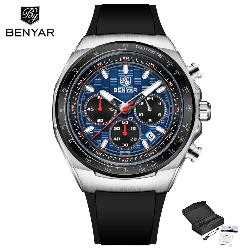 BENYAR 2025 44MM Multi functional Complex Luxury Men Quartz Watches Waterproof Stainless Steel Men Chronograph Gift With Box