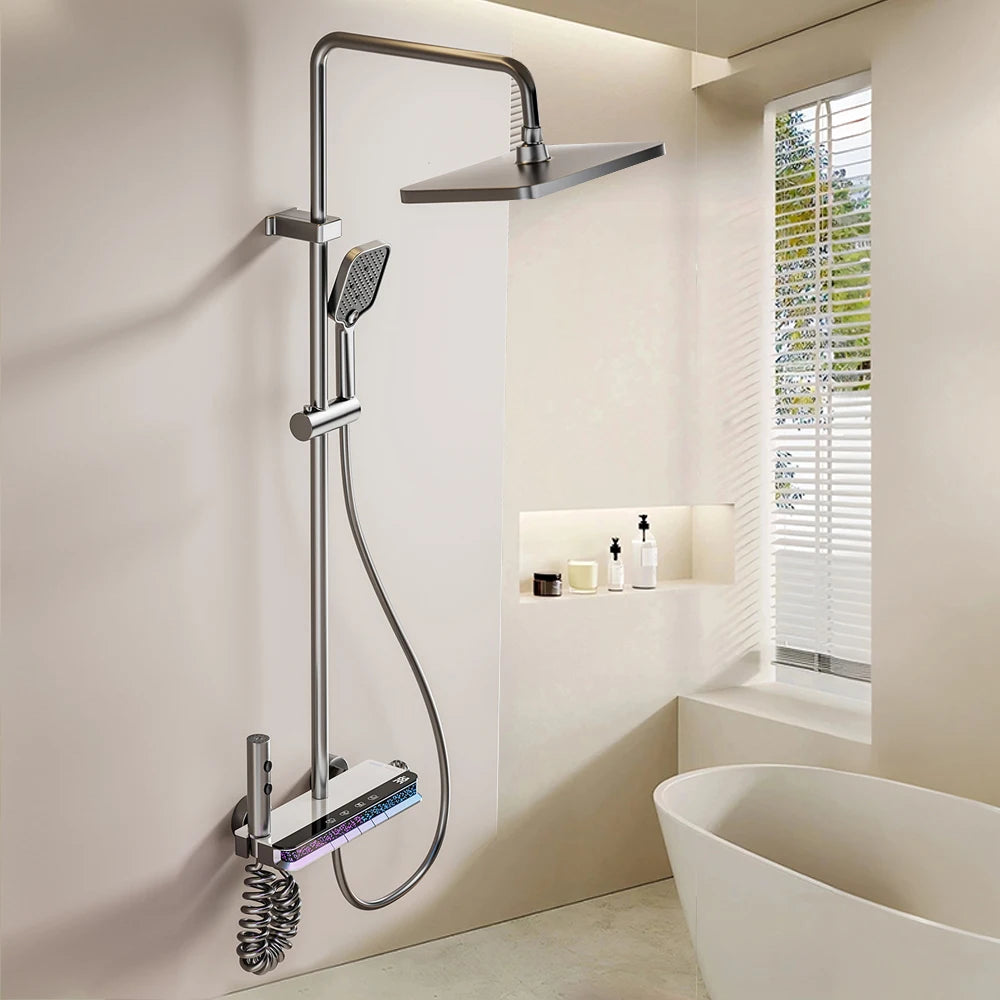 Shower System Bathroom Shower Set Bathtub Hot And Cold Shower Faucet LED Light Digital Display Brass Faucet Piano Key Shower Set