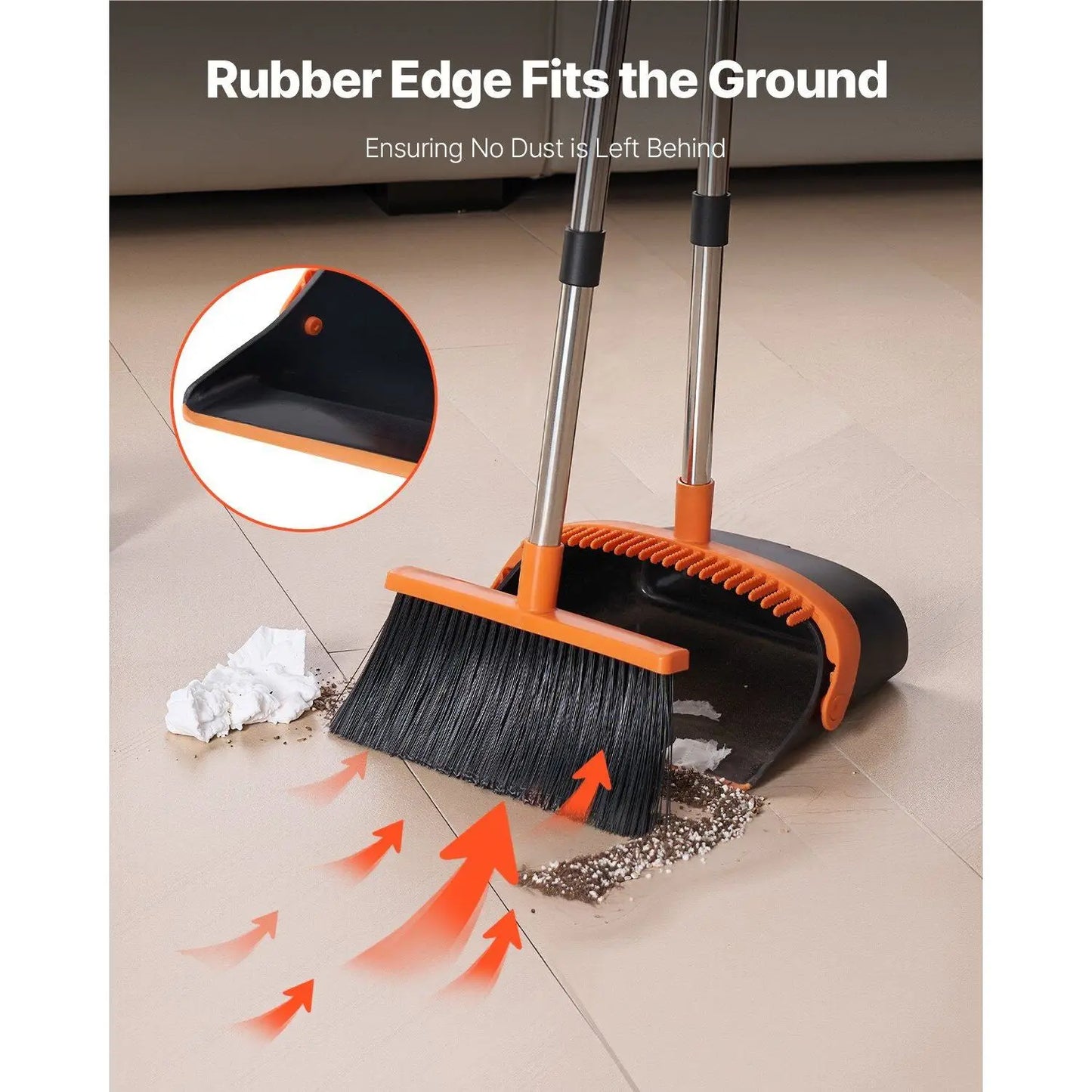 Heavy Duty Black Orange Broom Dustpan Set Self-Cleaning Teeth Upright Metal Dust Pan Long Handle for Home Restaurant Office Dorm