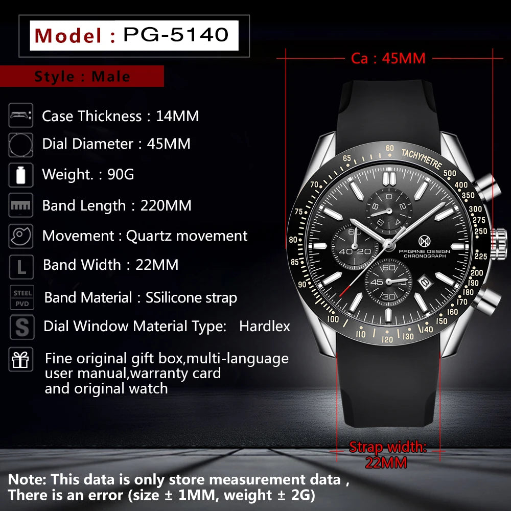 PAGRNE DESIGN Quartz Watches Multi functional chronograph 44mm Fashionable men's watch PAGANI DESIGN Extended Brand PG5140