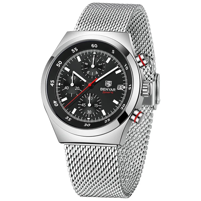 Benyar Men's Quartz Watch Simple Design Waterproof Chronograph Sports Watch Luminous Timer Stopwatch Business Wristwatch For Man