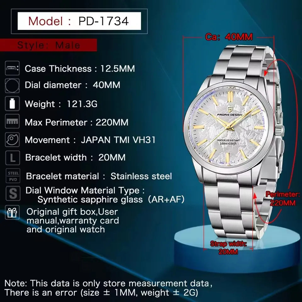 PAGANI DESIGN 40MM Meteorite dial Men Quartz Watches Luxury Business Sapphire 316L Stainless Steel 100M Waterproof Watch For Men
