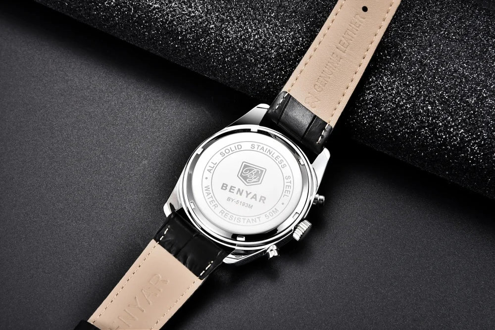 BENYAR New Men Watch 30ATM Waterproof Stainless Steel Quartz Wristwatches Luxury Leather Military Chronograph Watch reloj hombre