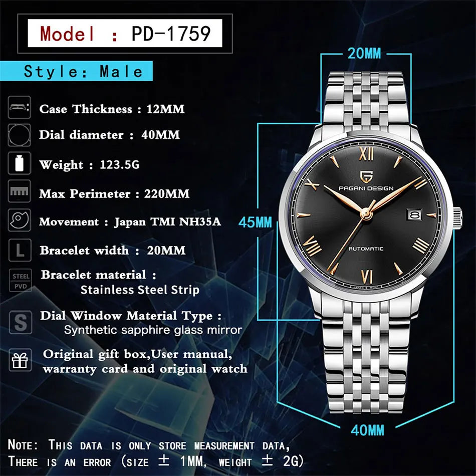 PAGANI DESIGN 40mm Men's Watch NH35 Mechanical Watch Top Brand Sapphire Glass Clock Stainless Steel Waterproof Automatic Watches