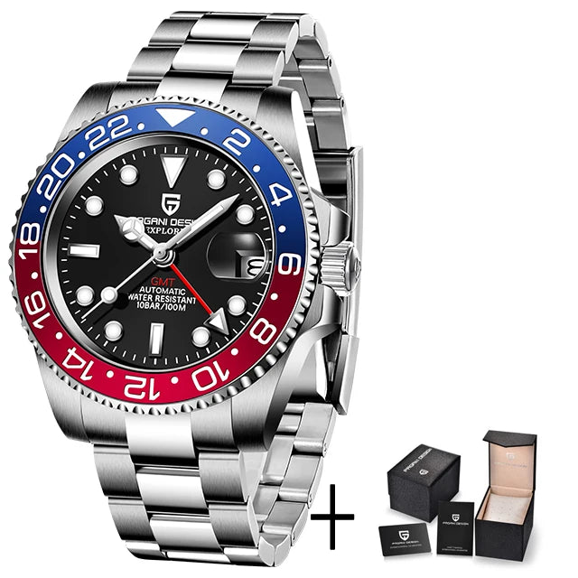 PAGANI DESIGN New GMT Men's Watch Luxury Sapphire Automatic Mechanical Watch 40MM Stainless Steel 100M Waterproof Watch