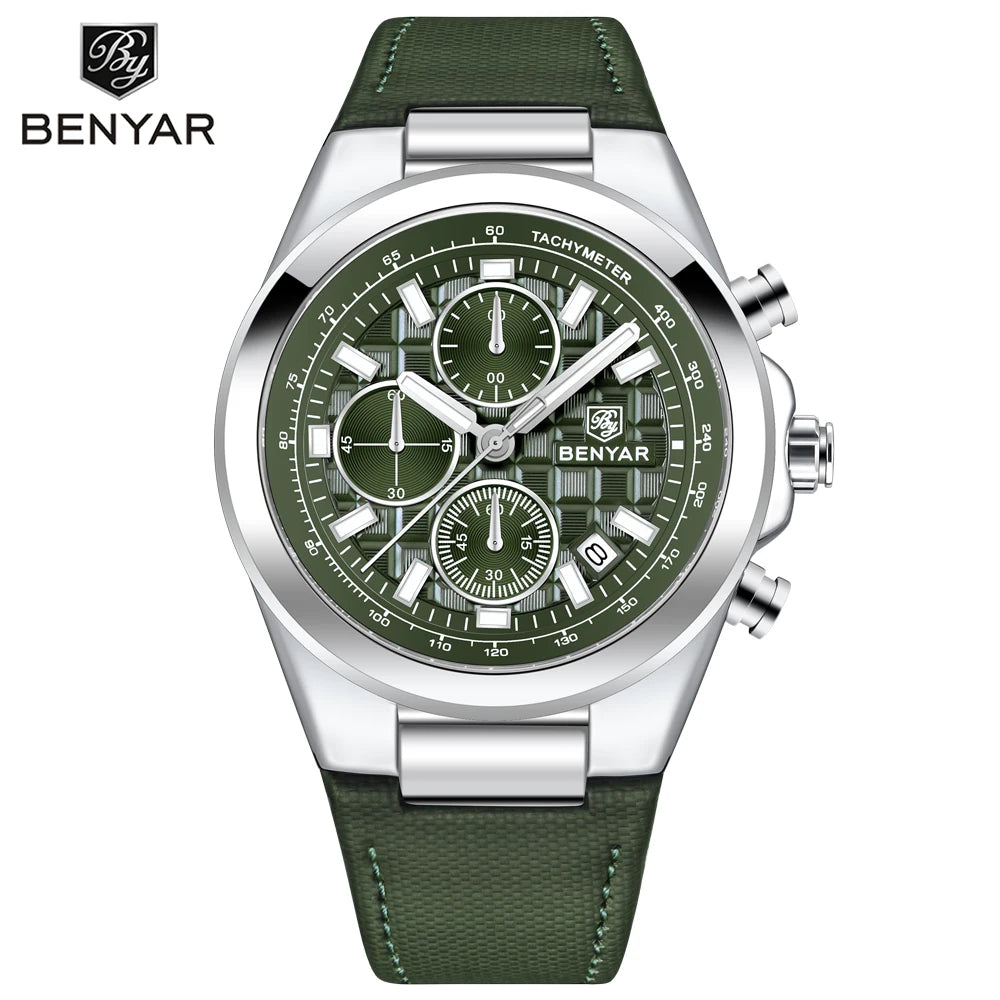 2025 New BENYAR Men's Watches Top Brand Luxury Watch For Men Chronograph Quartz Wristwatch Clock Waterproof Leather Reloj Hombre