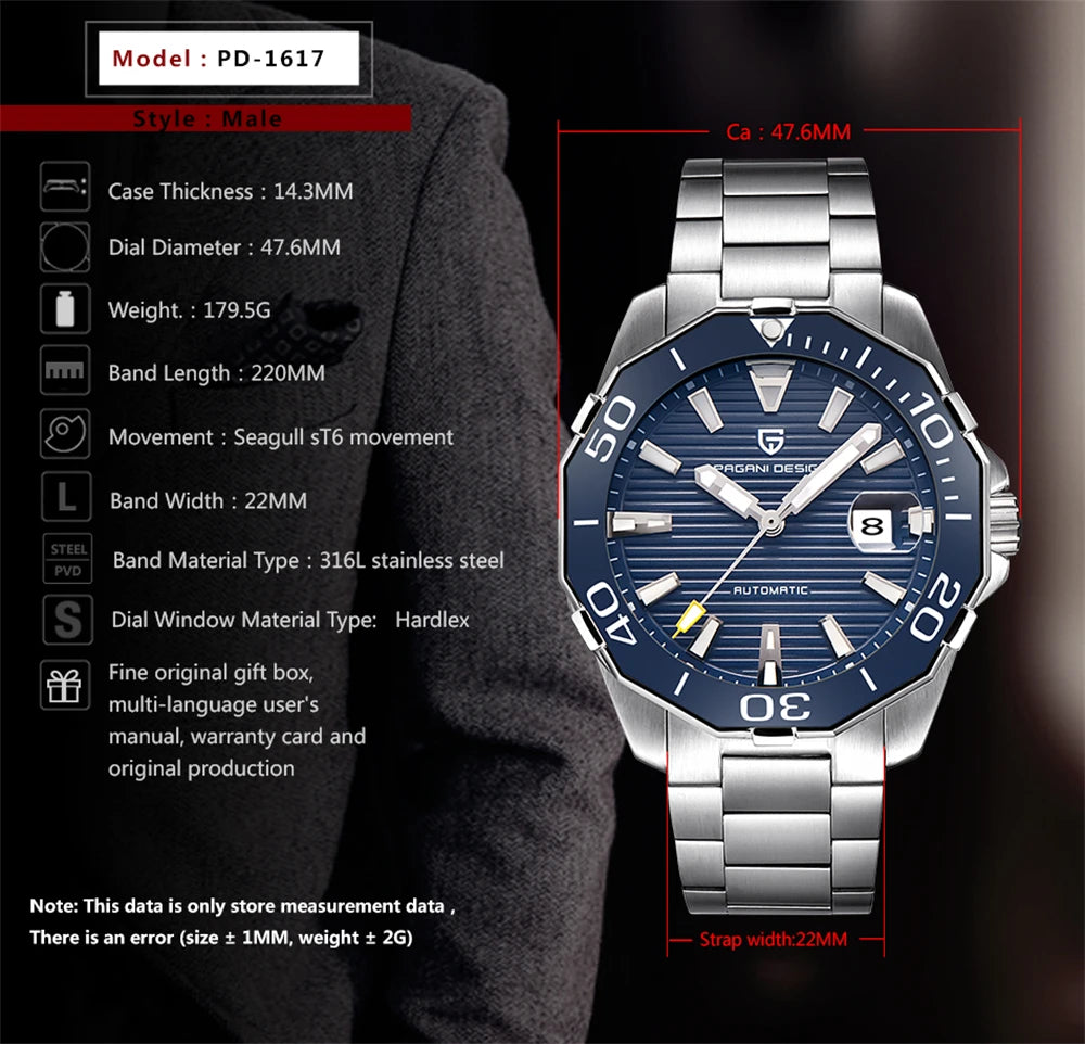 2025 New Brand PAGANI DESIGN 1617 Men's Military Sport Mechanical Watches Waterproof Stainless Steel Top Brand Luxury Men Watch