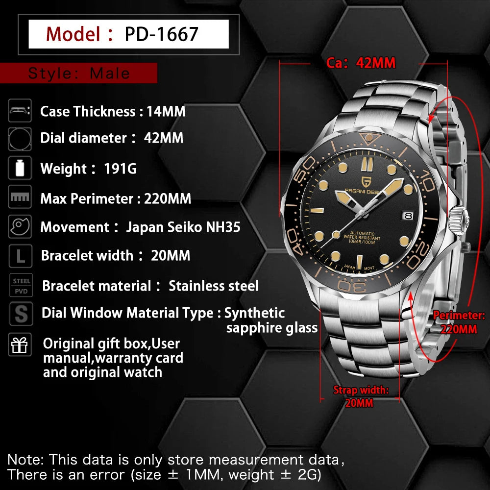 Pagani Design 2025 Automatic Watches for men mechanical wristwatch men Top Brand Luxury men watch 100m waterproof NH35 steel 007