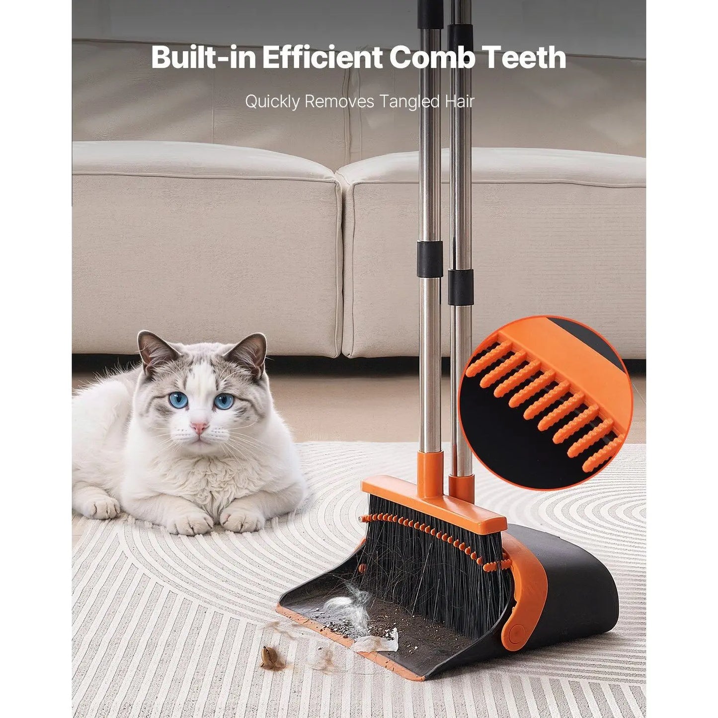 Heavy Duty Black Orange Broom Dustpan Set Self-Cleaning Teeth Upright Metal Dust Pan Long Handle for Home Restaurant Office Dorm
